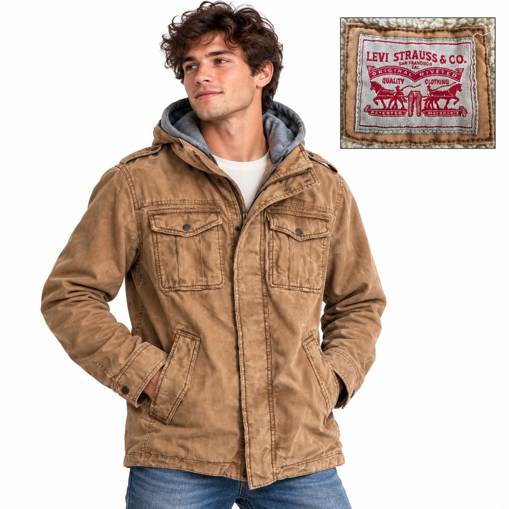 Levis Field Jacket Men L Brown Military Sherpa Lined Hooded Canvas Utility Coat